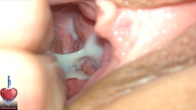 Sperm harvesting from fucked pussy with closeup of creampie inside the tight and shaved vagina